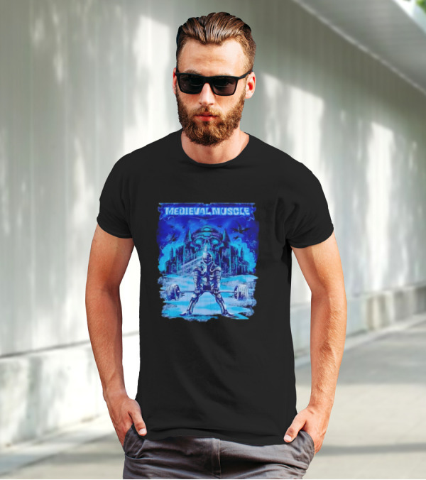 Medieval Muscle Knight Lifting Weights In Gothic Castle Scene T-Shirt