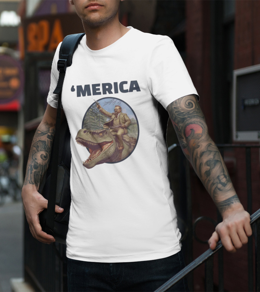 Macrodosing 'Merica Roosevelt Riding Dinosaur With Gun T-Shirt