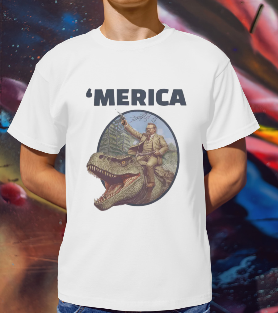 Macrodosing 'Merica Roosevelt Riding Dinosaur With Gun T-Shirt