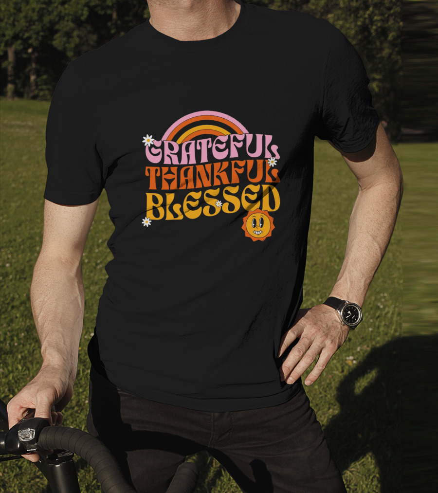 Grateful Thankful Blessed Retro Rainbow Sunflower Smiley Face T-Shirt