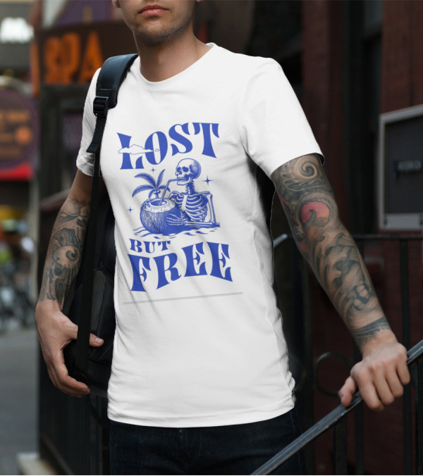 Lost But Free Skeleton With Coconut Drink Beach Vintage T-Shirt