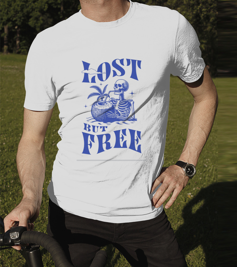 Lost But Free Skeleton With Coconut Drink Beach Vintage T-Shirt