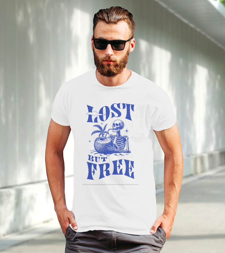 Lost But Free Skeleton With Coconut Drink Beach Vintage T-Shirt