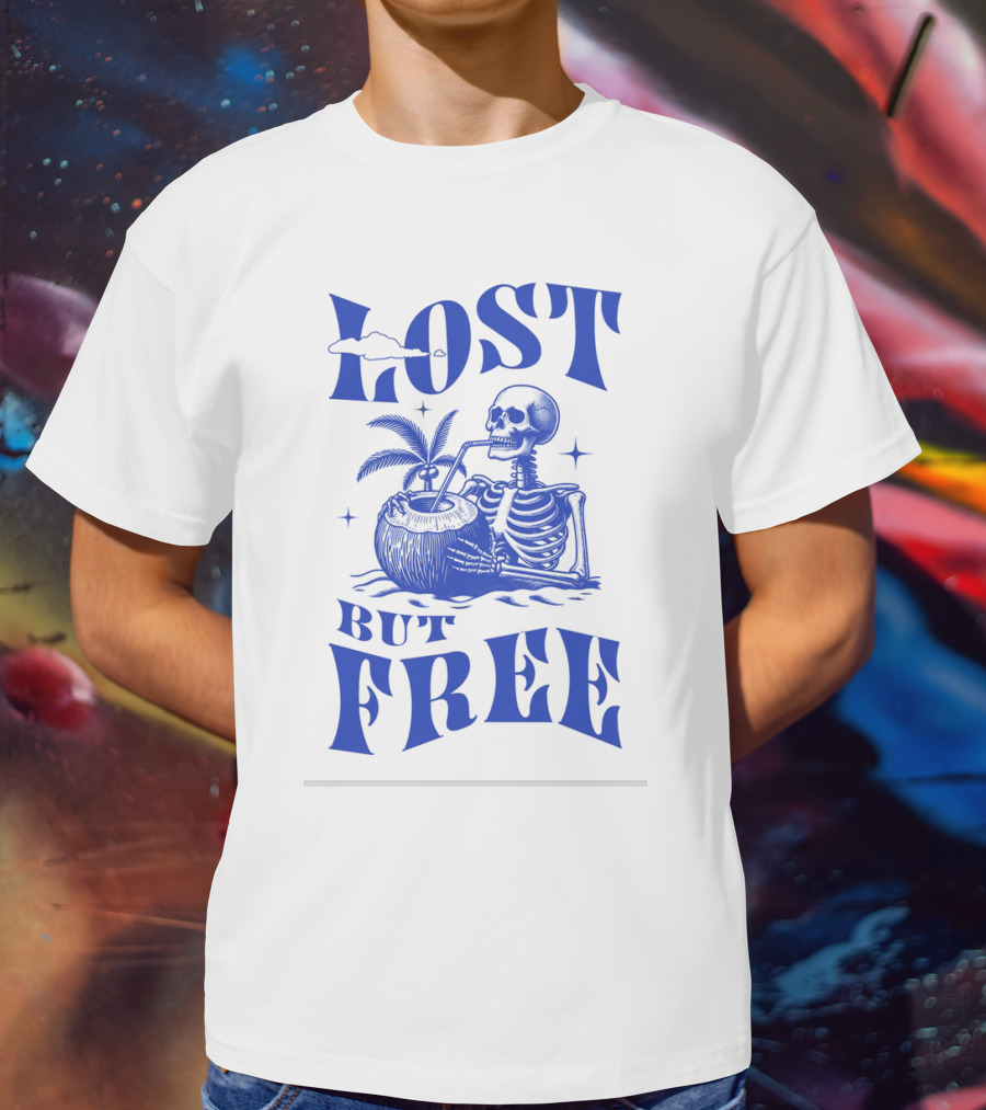 Lost But Free Skeleton With Coconut Drink Beach Vintage T-Shirt