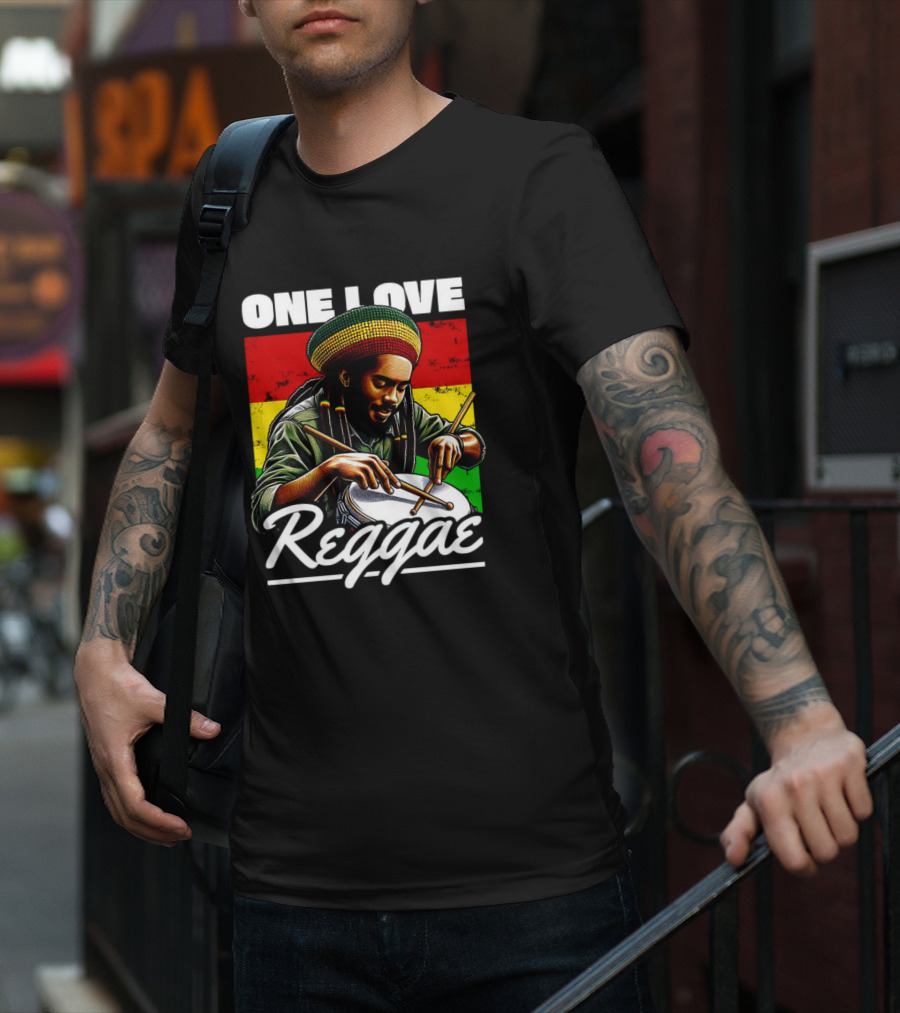 One Love Reggae Drummer With Rasta Colors T-Shirt