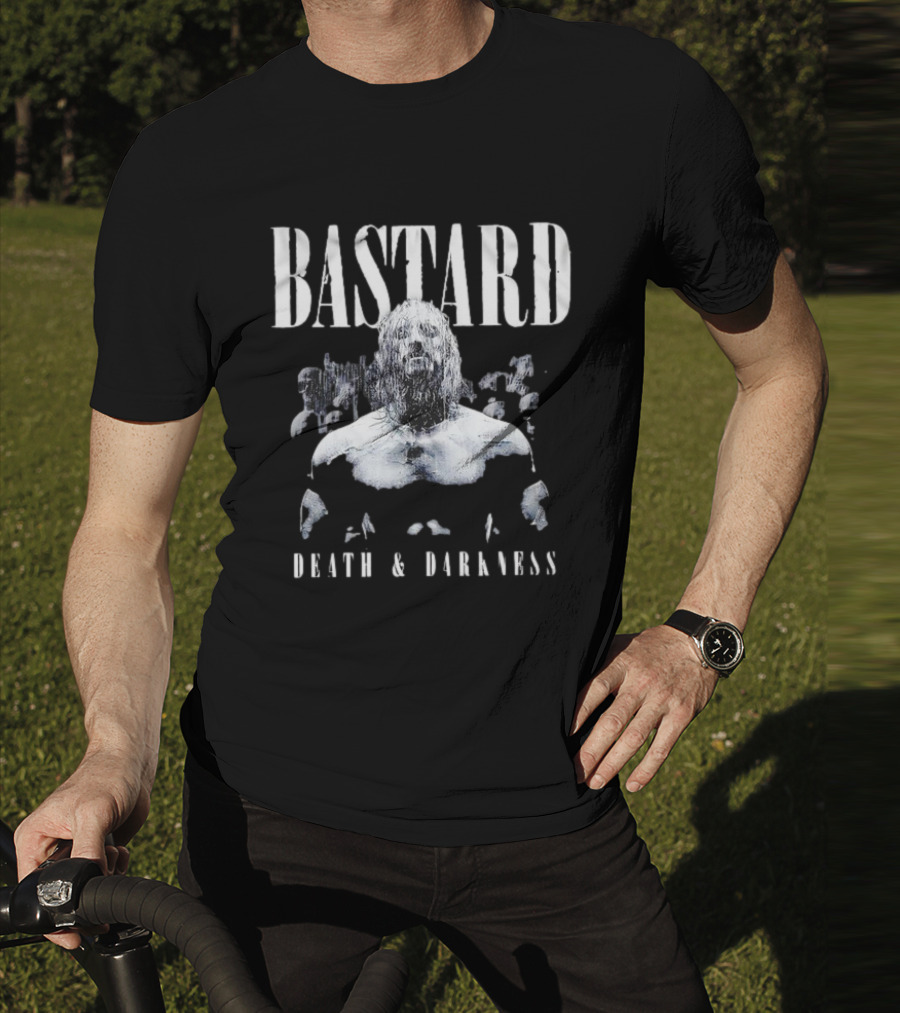 Bastard Death And Darkness Gritty Monochrome Warrior Surrounded By Shadowed Figures T-Shirt