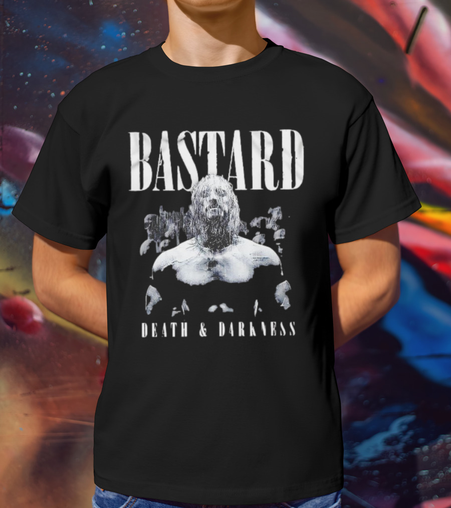 Bastard Death And Darkness Gritty Monochrome Warrior Surrounded By Shadowed Figures T-Shirt