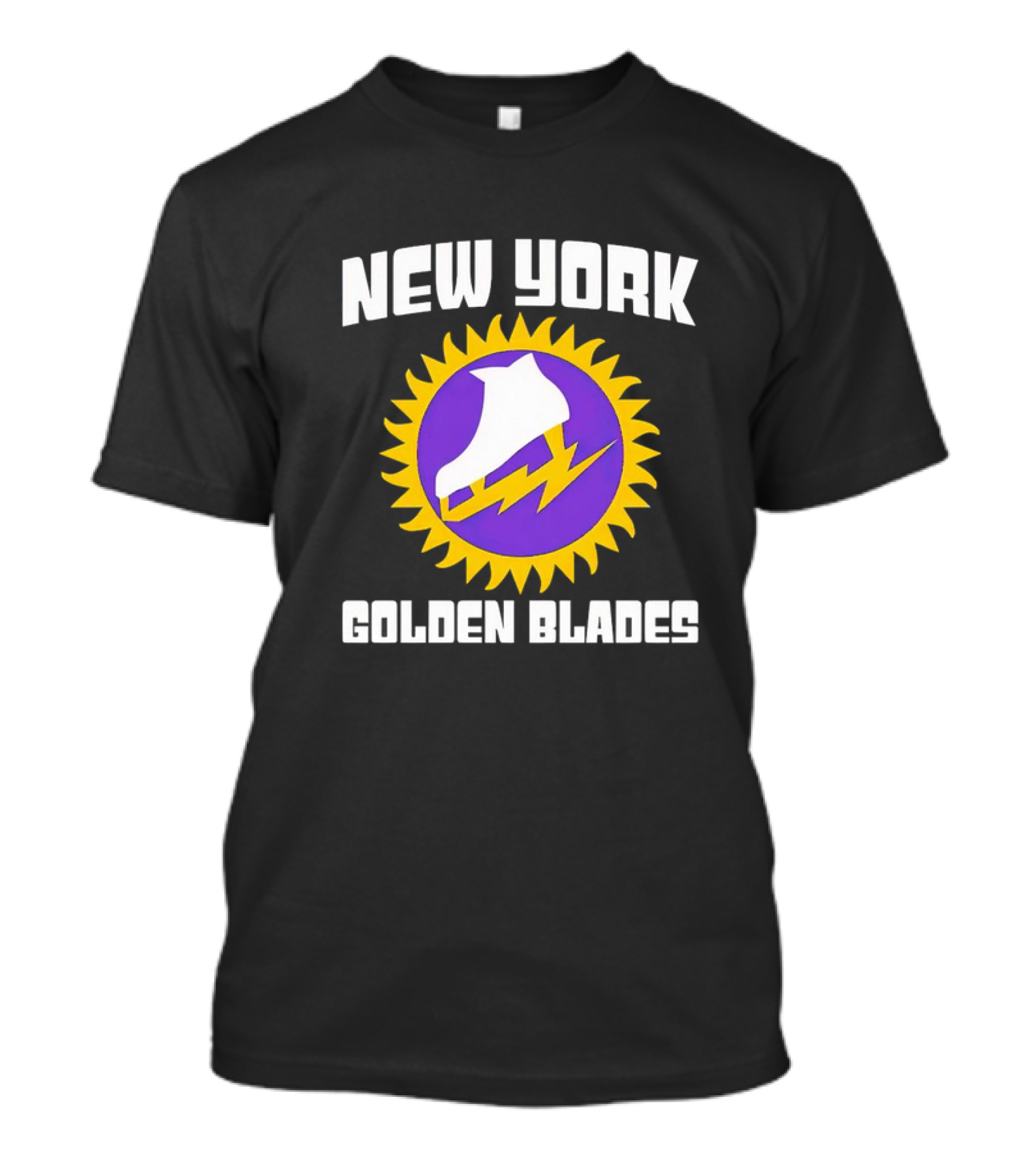 New York Golden Blades Ice Skate Logo With Purple And Gold Sunburst T-Shirt
