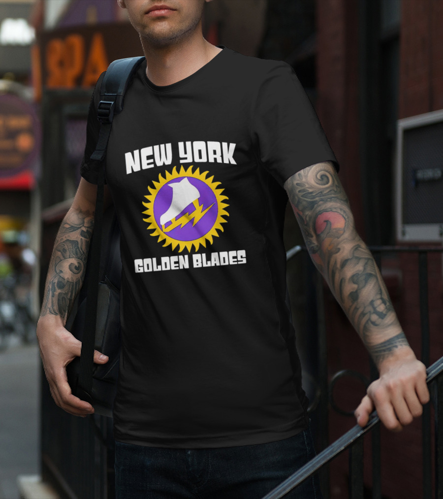 New York Golden Blades Ice Skate Logo With Purple And Gold Sunburst T-Shirt