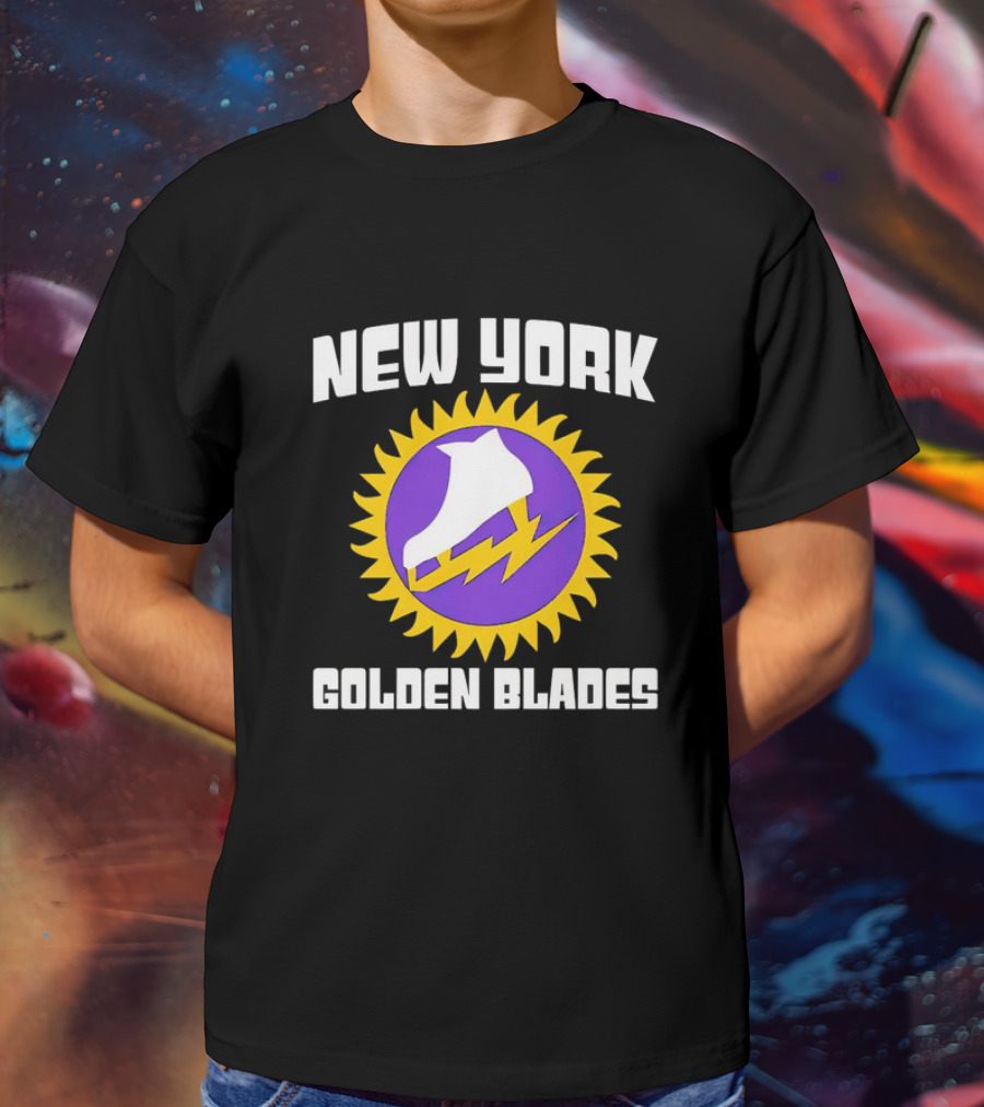 New York Golden Blades Ice Skate Logo With Purple And Gold Sunburst T-Shirt