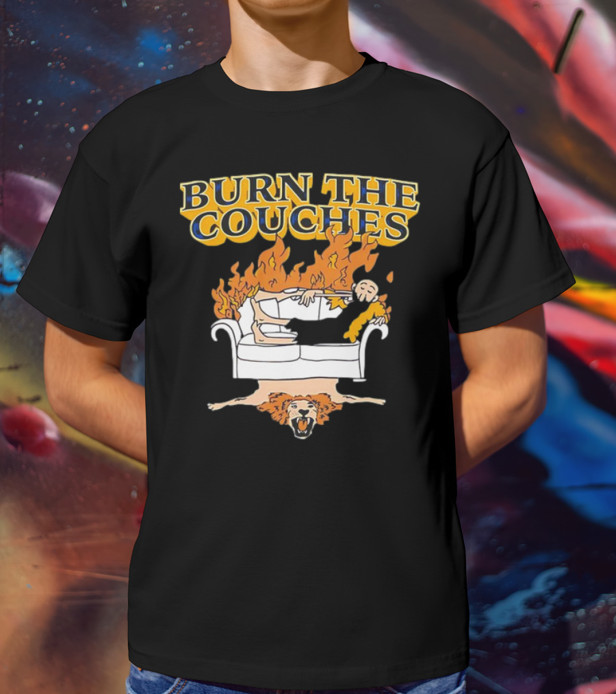 Burn The Couches Flaming Couch Cartoon Lion Rug T-Shirt