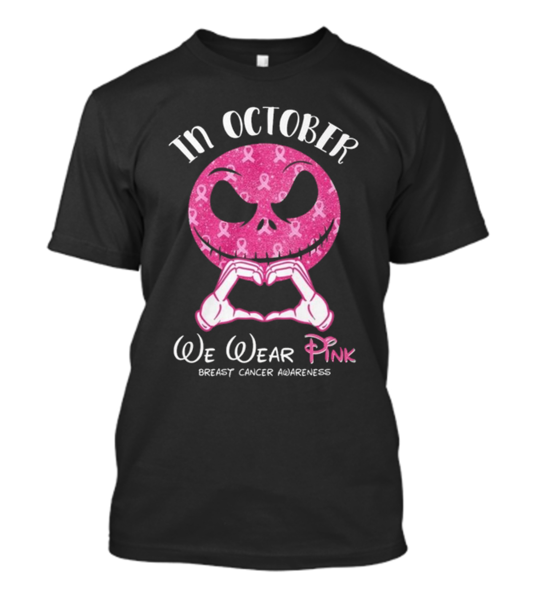 In October We Wear Pink Breast Cancer Awareness Jack Skellington T-Shirt