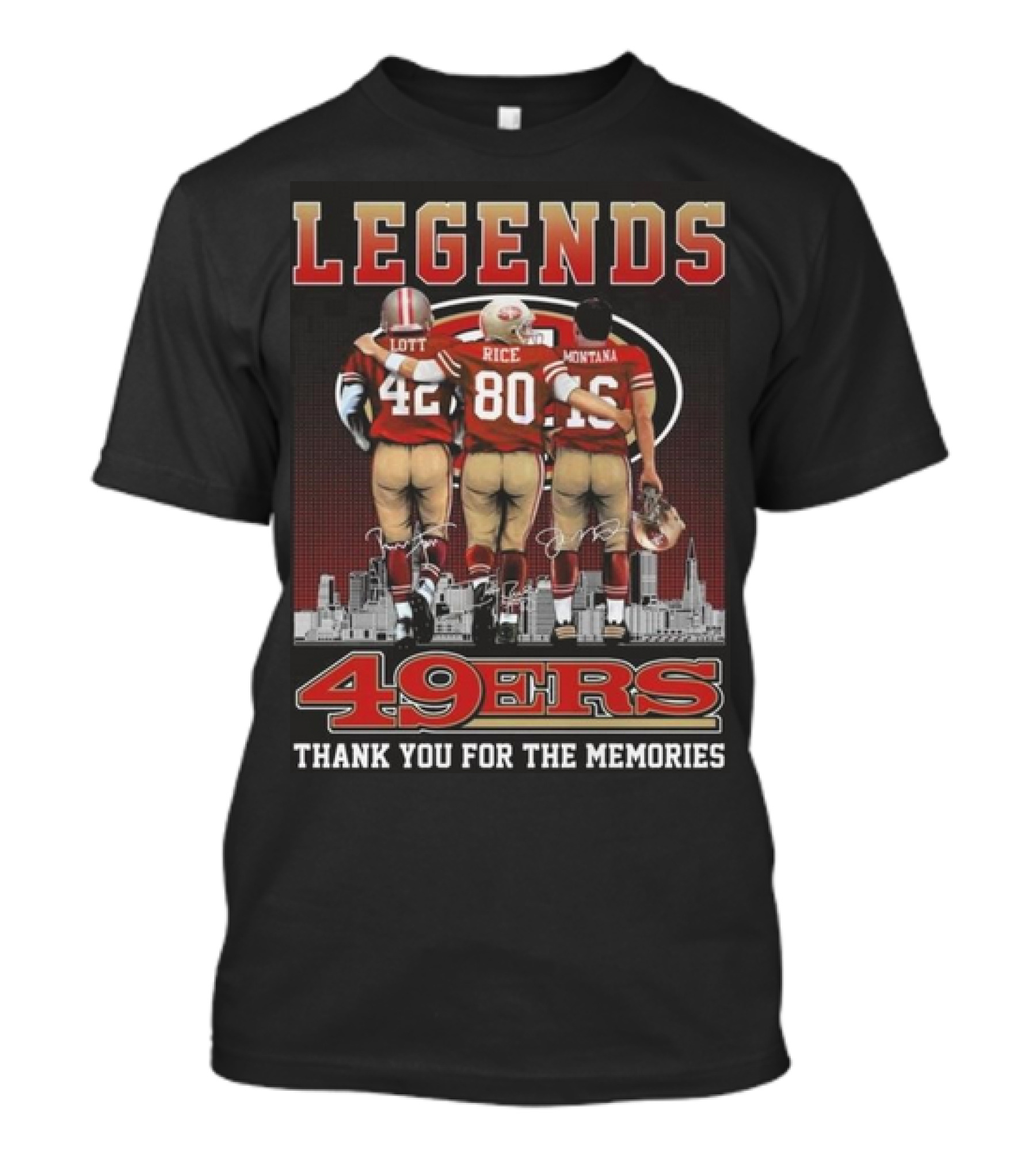 49ers Legends Montana Rice Lott Thank You For The Memories Skyline Signatures T-Shirt
