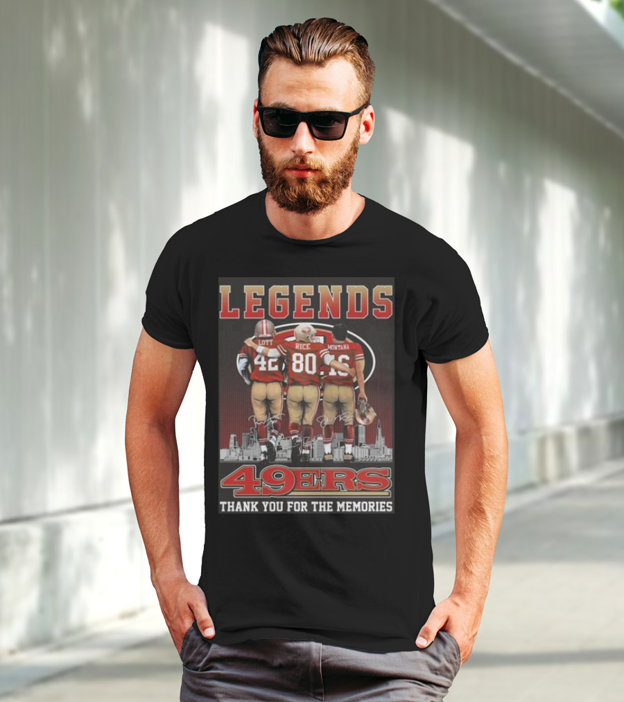 49ers Legends Montana Rice Lott Thank You For The Memories Skyline Signatures T-Shirt