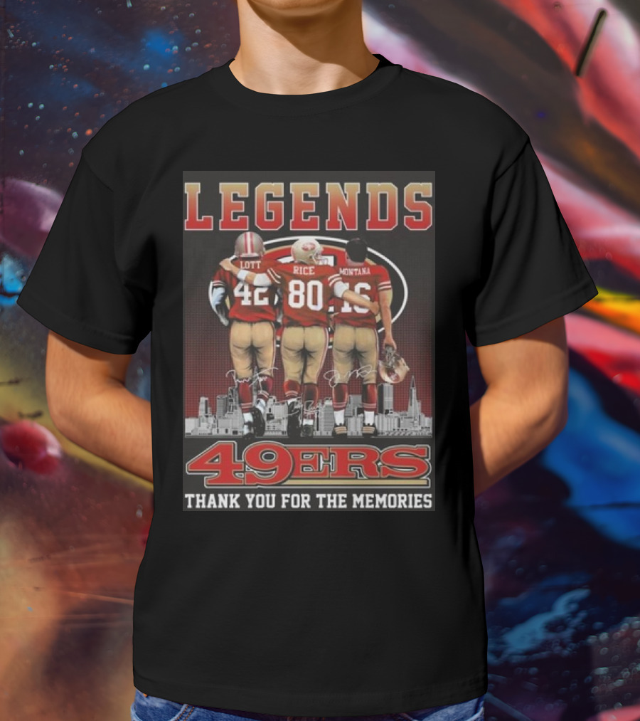 49ers Legends Montana Rice Lott Thank You For The Memories Skyline Signatures T-Shirt