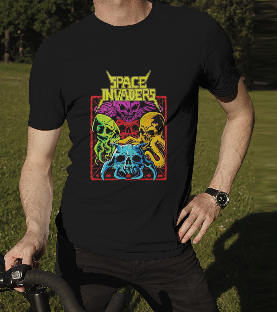 Space Invaders Neon Skull Cthulhu Quartet T-Shirt