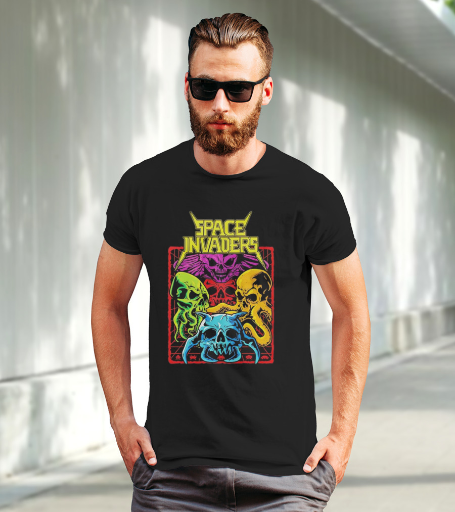 Space Invaders Neon Skull Cthulhu Quartet T-Shirt