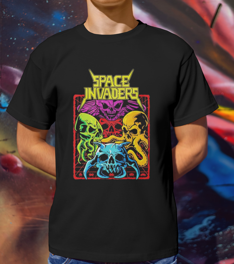 Space Invaders Neon Skull Cthulhu Quartet T-Shirt