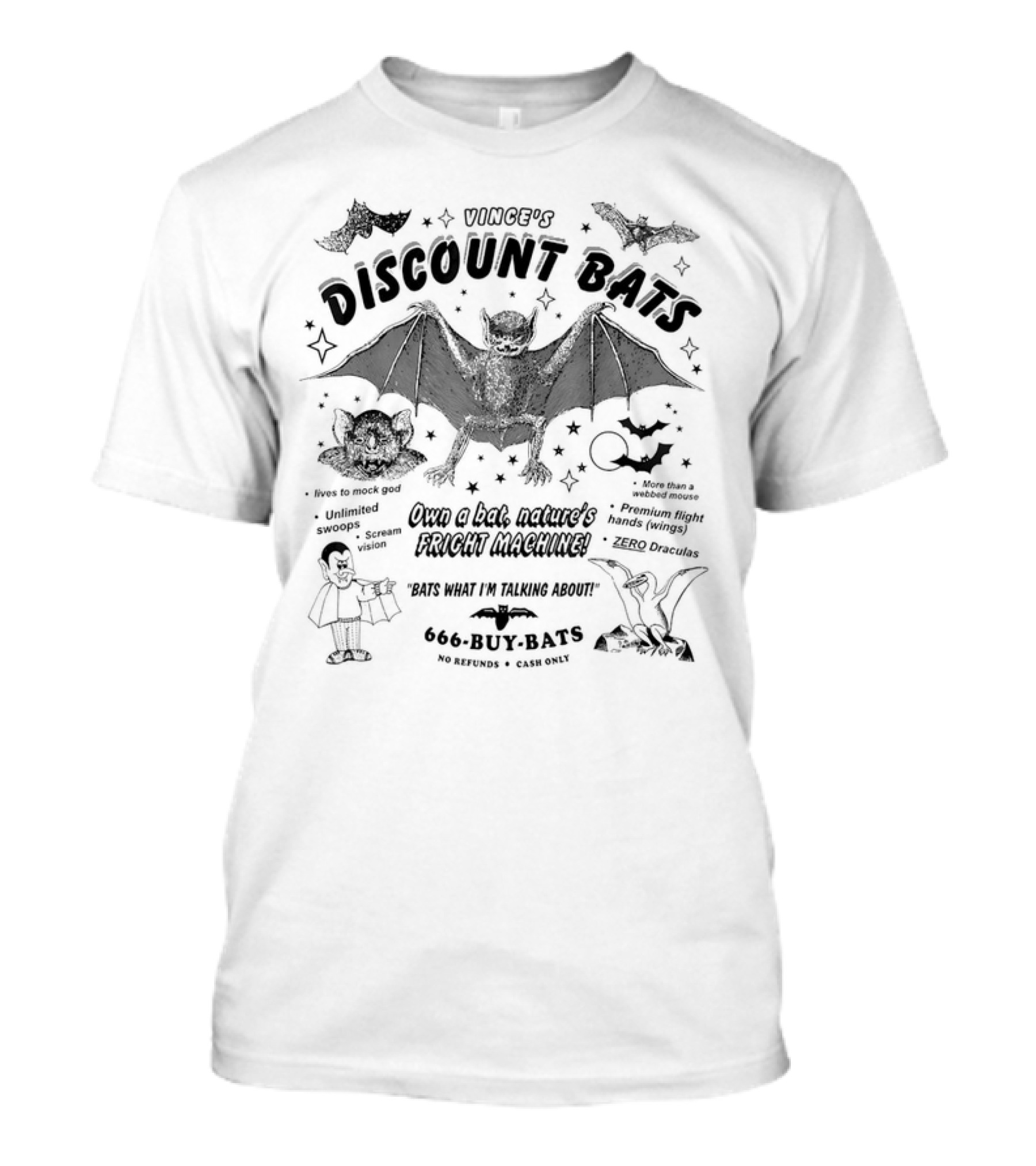 Vince's Discount Bats Unlimited Swoops Fright Machine 666-Buy-Bats T-Shirt