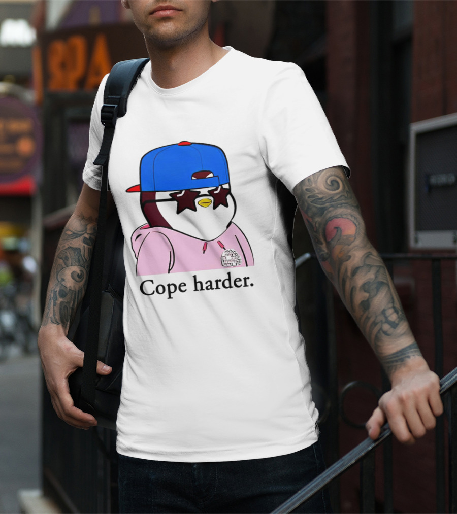 Pudgy Penguin Cope Harder Star Shades Blue Cap Pink T-Shirt