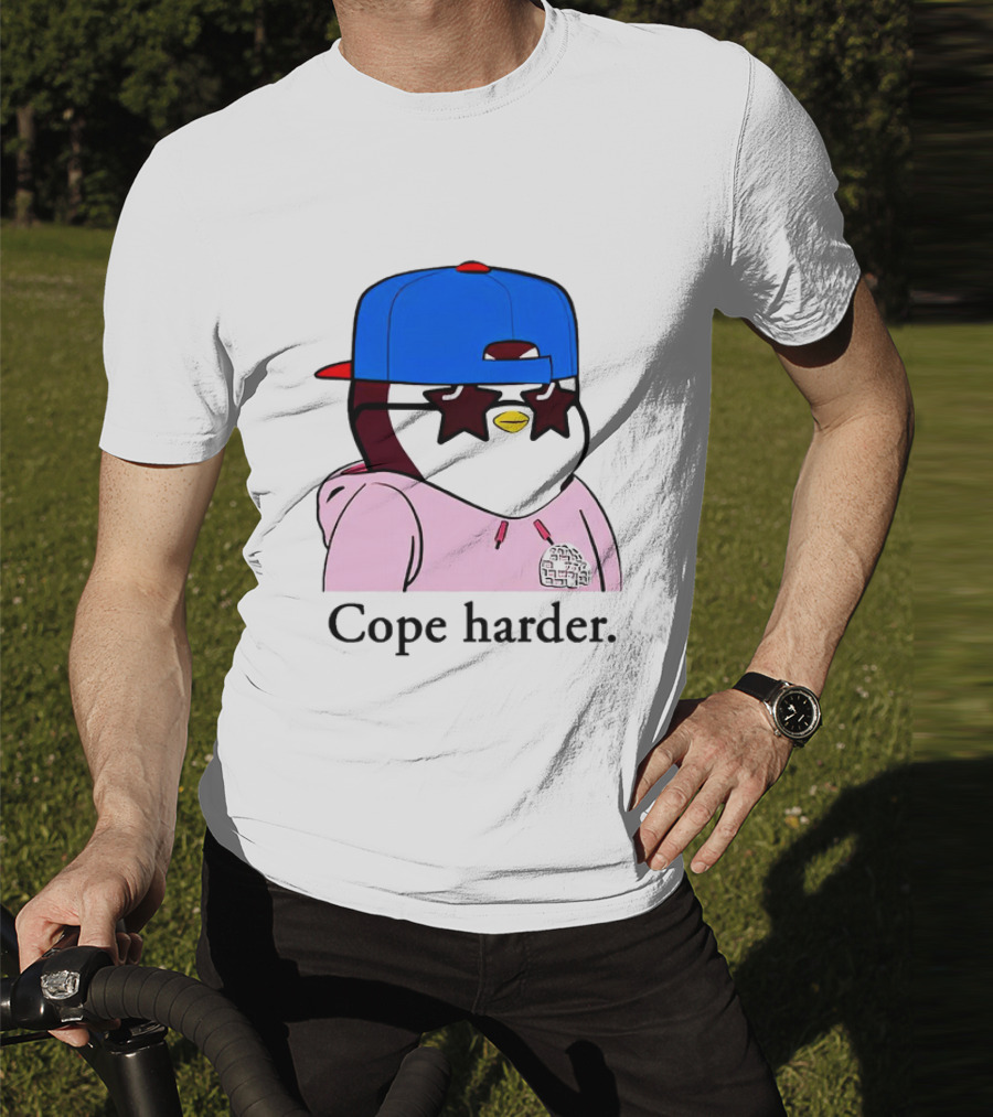 Pudgy Penguin Cope Harder Star Shades Blue Cap Pink T-Shirt