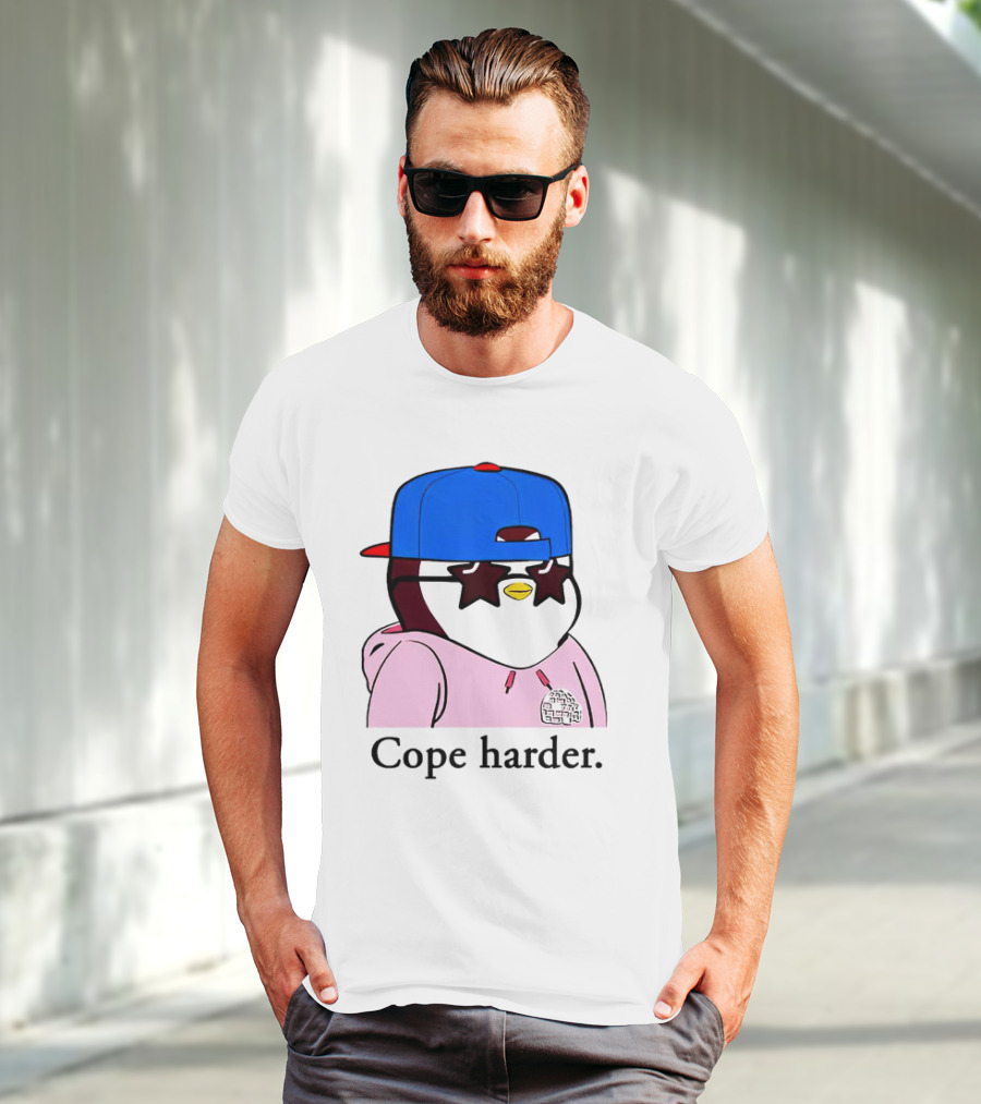 Pudgy Penguin Cope Harder Star Shades Blue Cap Pink T-Shirt