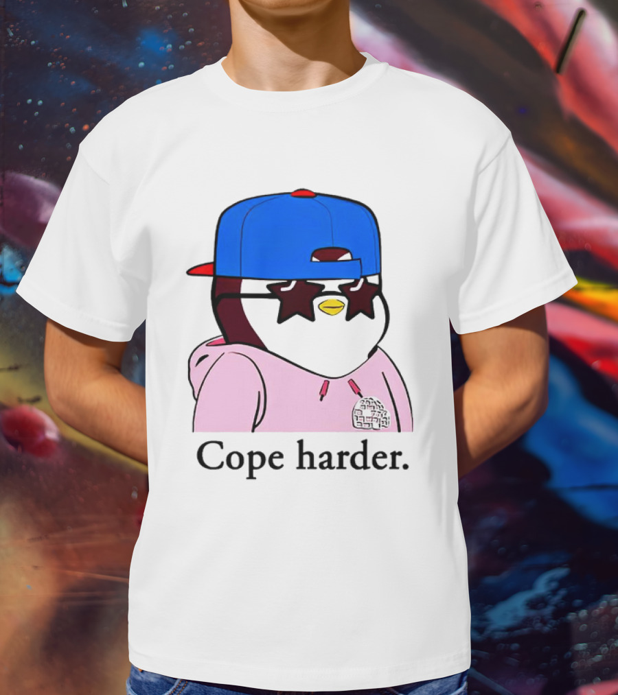 Pudgy Penguin Cope Harder Star Shades Blue Cap Pink T-Shirt