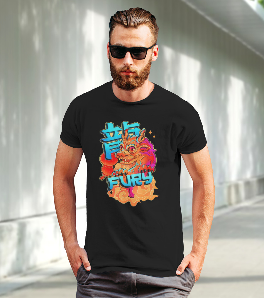 Dragon Fury Vibrant Mythical Creature With Neon Chinese Characters T-Shirt