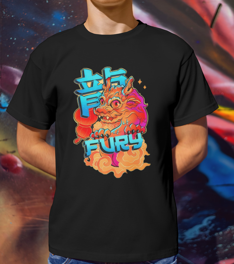 Dragon Fury Vibrant Mythical Creature With Neon Chinese Characters T-Shirt