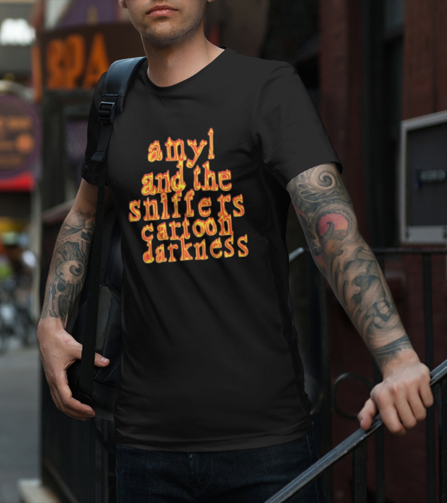 Amyl And The Sniffers Cartoon Darkness Flame Text T-Shirt