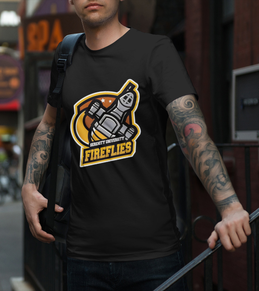 Serenity University Fireflies Spaceship Logo With Stars And Moon T-Shirt