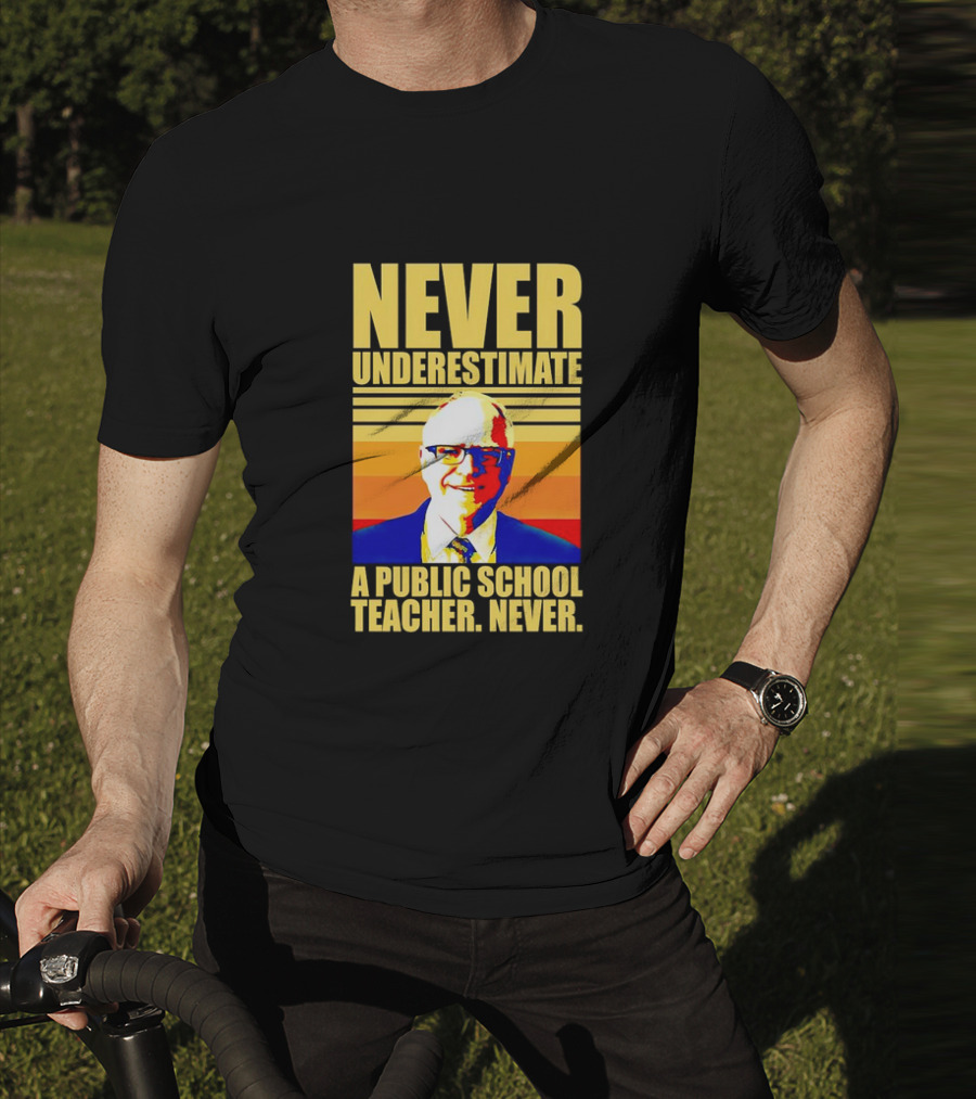 Never Underestimate A Public School Teacher Never Tim Walz Vintage Retro Stripes T-Shirt