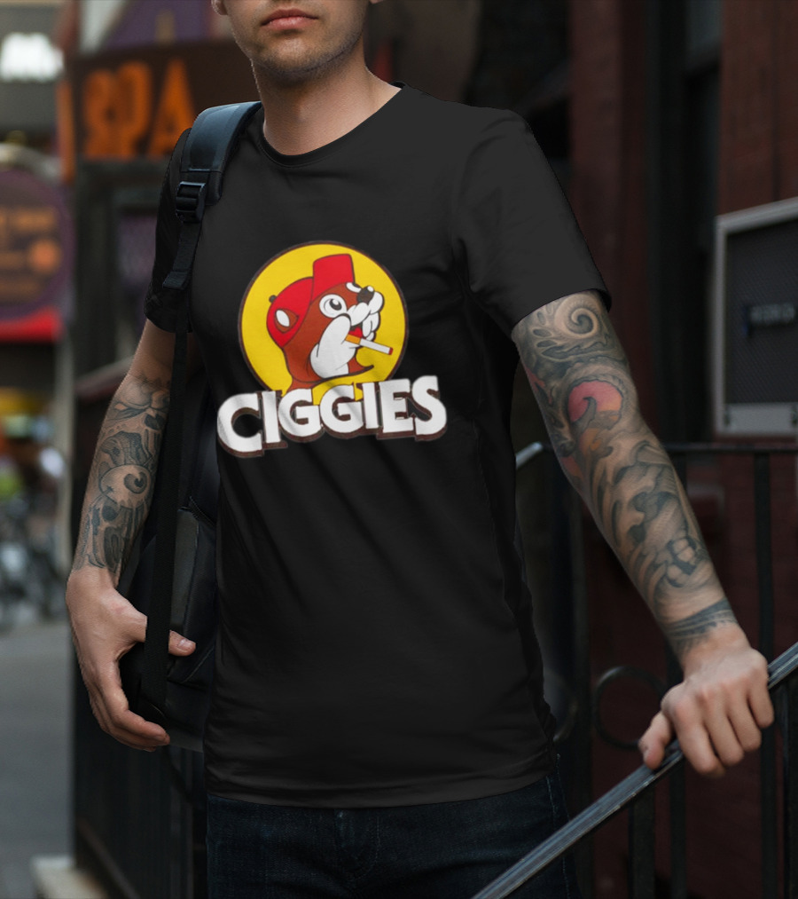 Buc-ees Ciggies Beanie Wearing Animal Carton Smoking Humorous T-Shirt