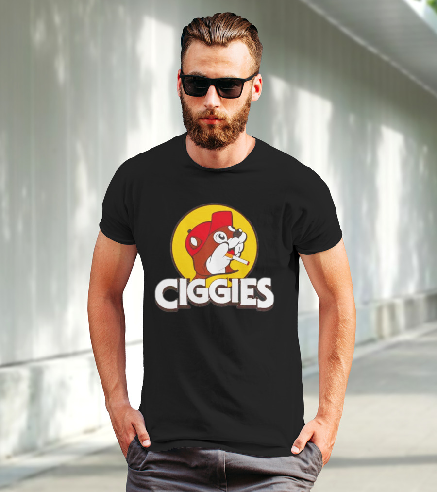 Buc-ees Ciggies Beanie Wearing Animal Carton Smoking Humorous T-Shirt