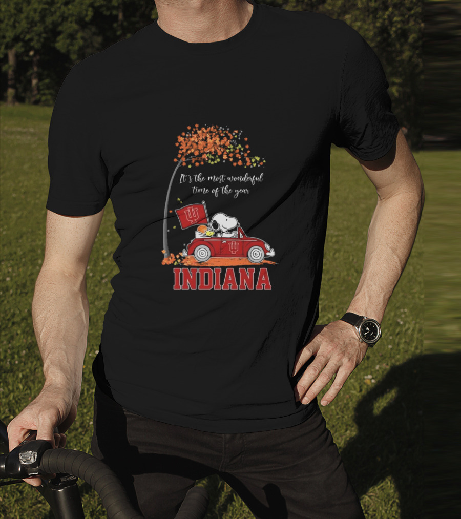 Indiana Hoosiers Snoopy And Woodstock Driving Car Fall It’s The Most Wonderful Time Of The Year T-Shirt