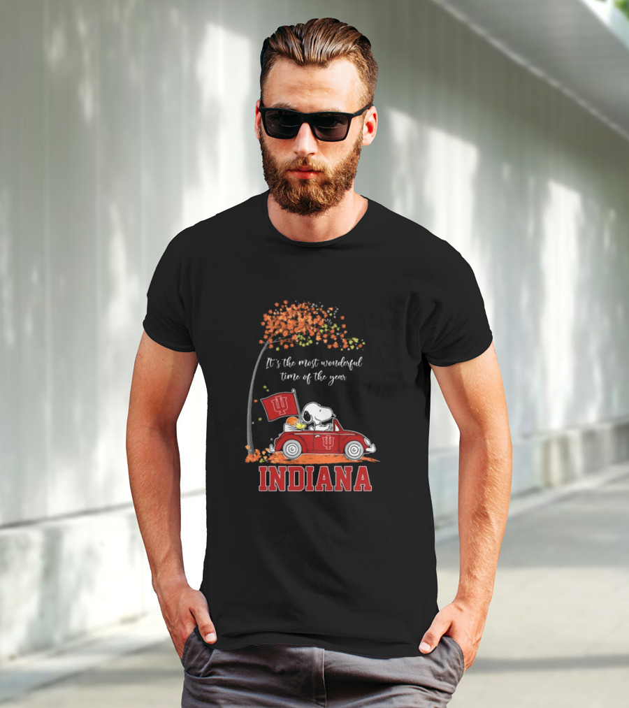 Indiana Hoosiers Snoopy And Woodstock Driving Car Fall It’s The Most Wonderful Time Of The Year T-Shirt