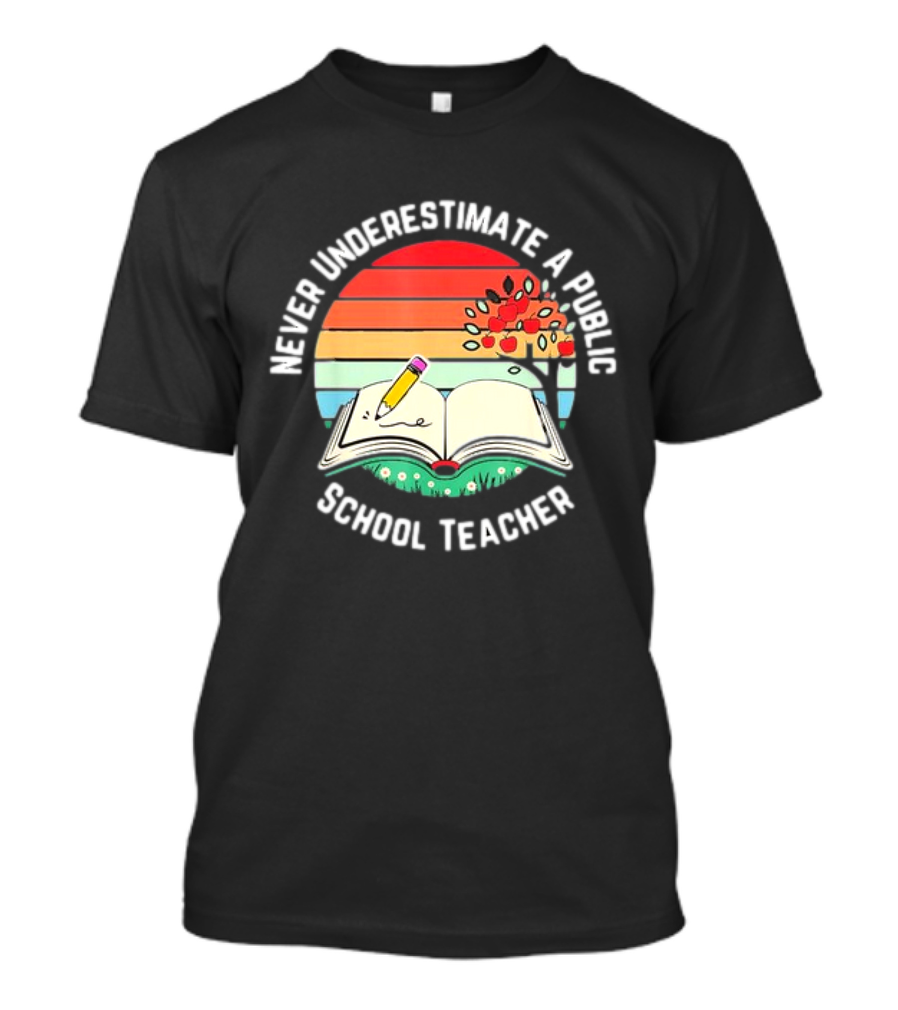 Never Underestimate A Public School Teacher Retro Vintage Open Book Pencil Sunset T-Shirt