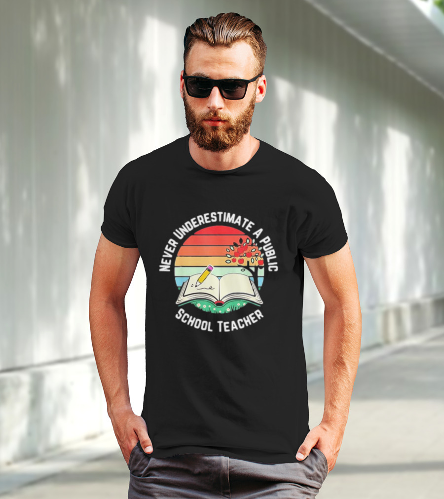 Never Underestimate A Public School Teacher Retro Vintage Open Book Pencil Sunset T-Shirt