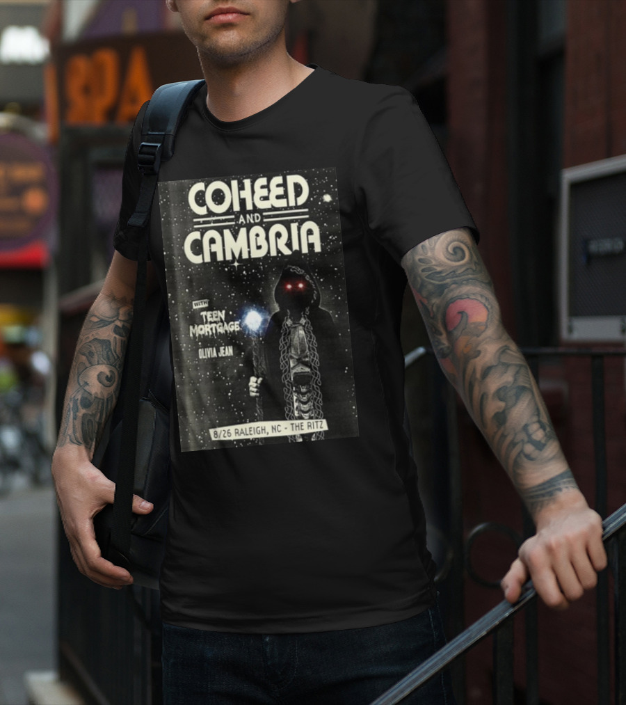 Coheed And Cambria 8/26 Raleigh NC The Ritz With Teen Mortgage Olivia Jean Mysterious Hooded Figure With Cosmic Background T-Shirt