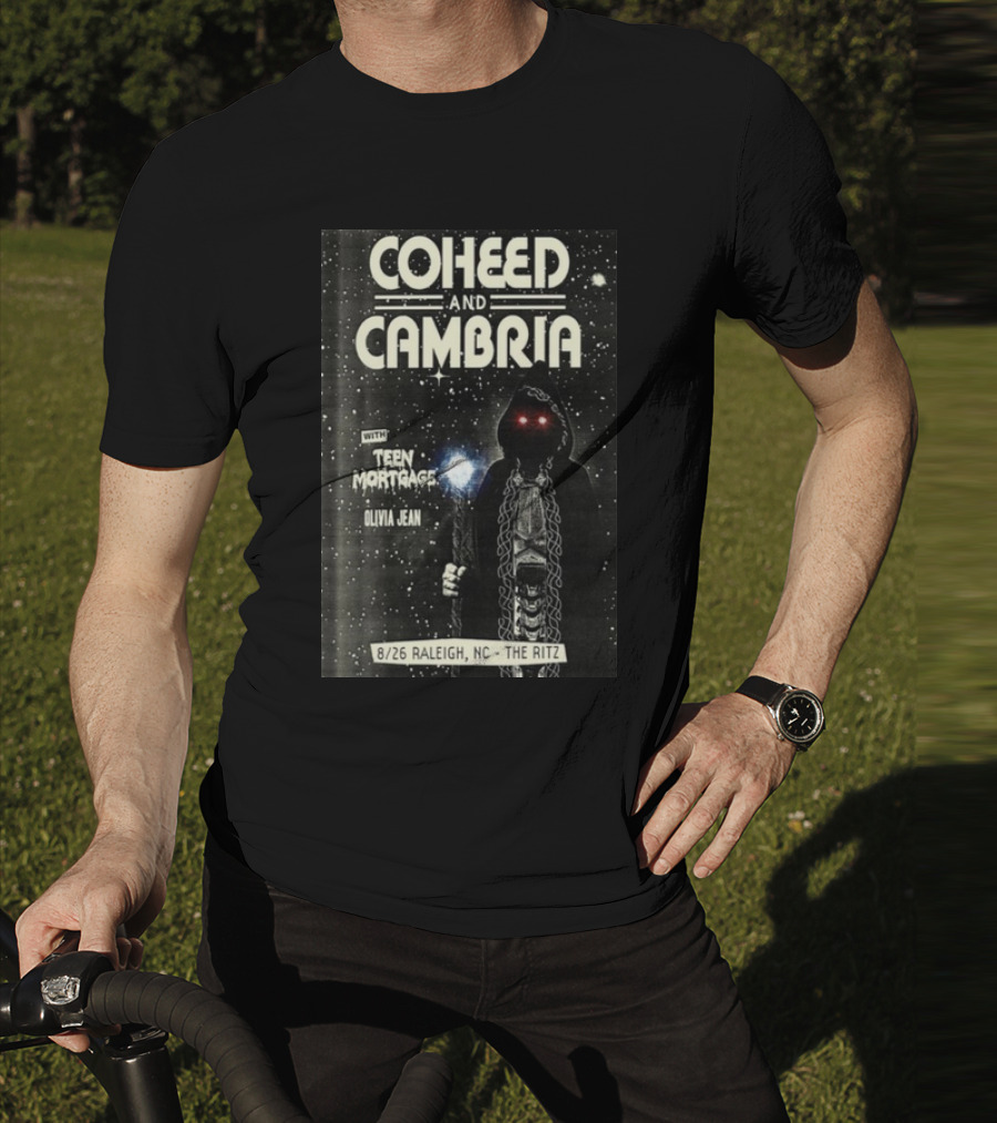 Coheed And Cambria 8/26 Raleigh NC The Ritz With Teen Mortgage Olivia Jean Mysterious Hooded Figure With Cosmic Background T-Shirt