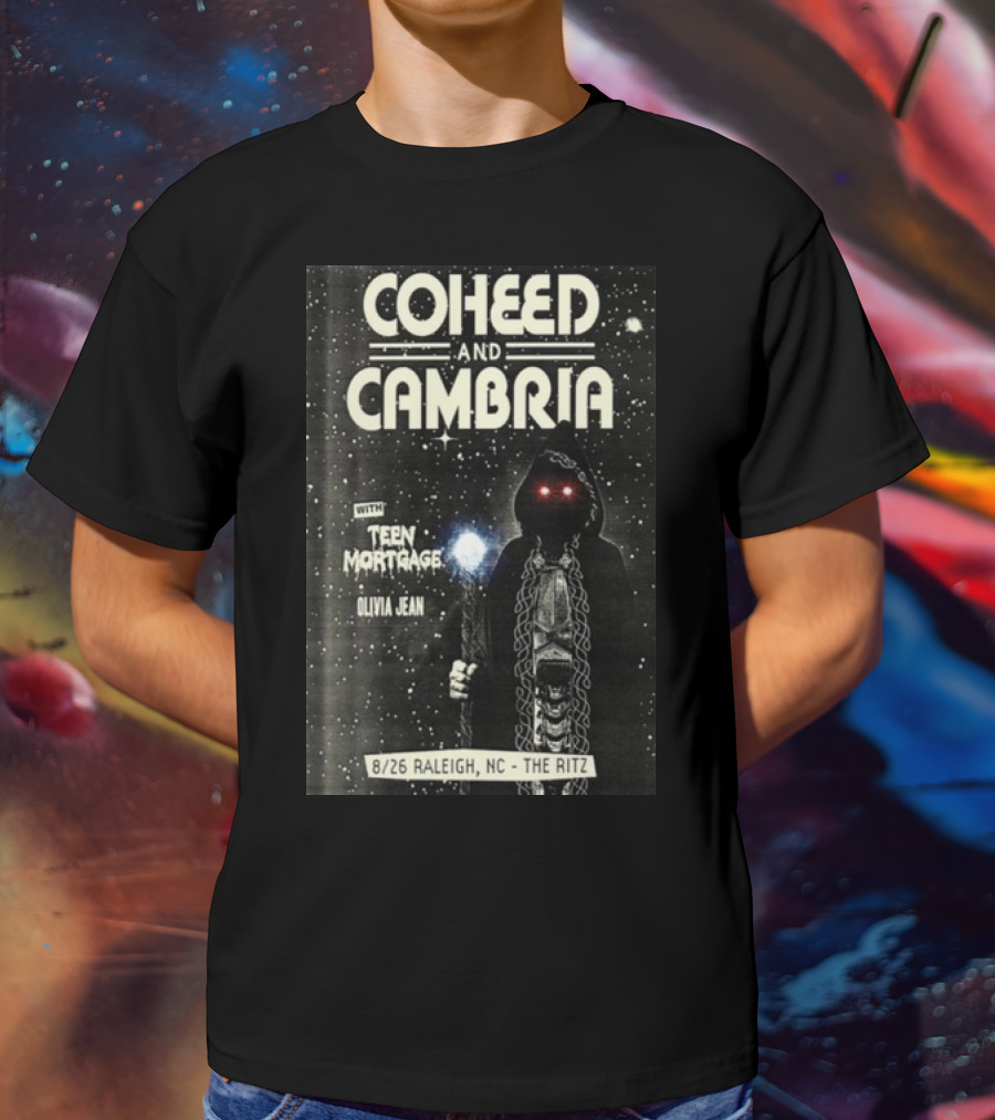 Coheed And Cambria 8/26 Raleigh NC The Ritz With Teen Mortgage Olivia Jean Mysterious Hooded Figure With Cosmic Background T-Shirt