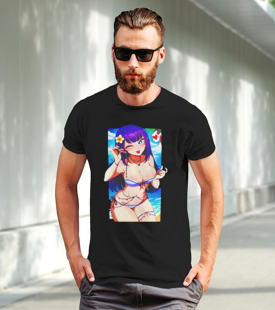 Hot Waifu Chika Fujiwara V2 Beach Anime Girl Winking Playing Card Flower Bikini T-Shirt