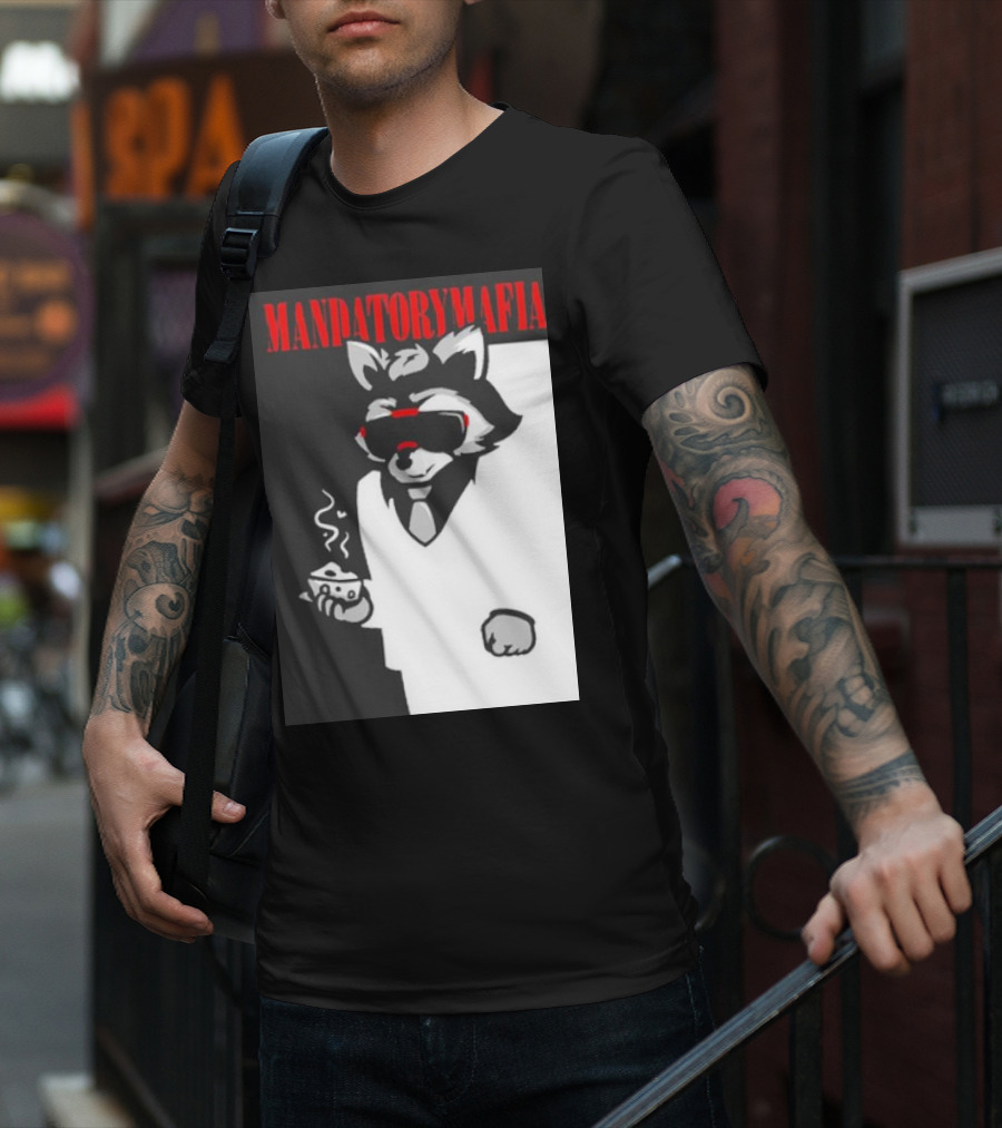 MANDATORY MAFIA RACCOON WITH COFFEE IN SUIT AND SUNGLASSES T-Shirt