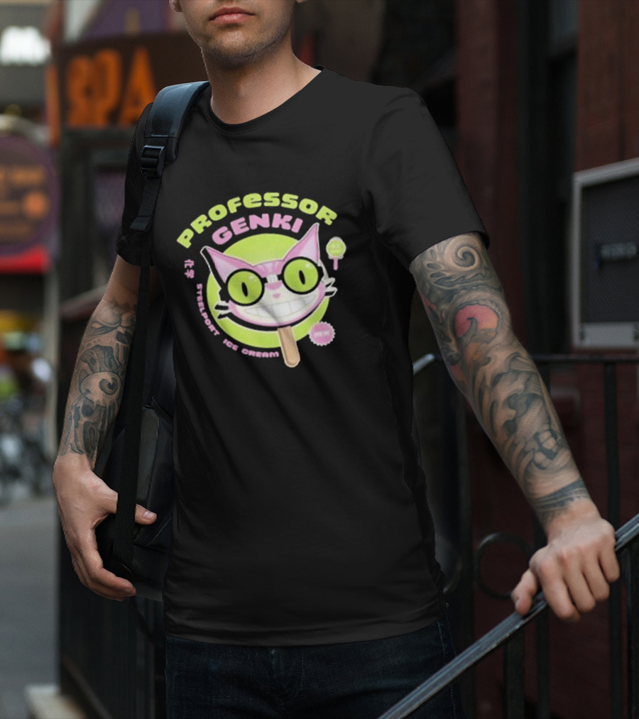 Professor Genki Steelport Ice Cream Cat Neon Green Pink Fun T-Shirt
