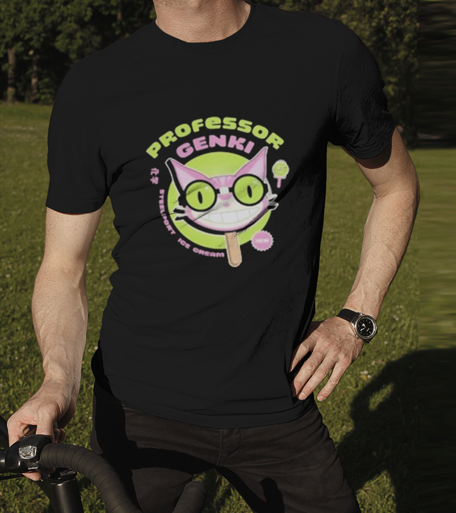 Professor Genki Steelport Ice Cream Cat Neon Green Pink Fun T-Shirt