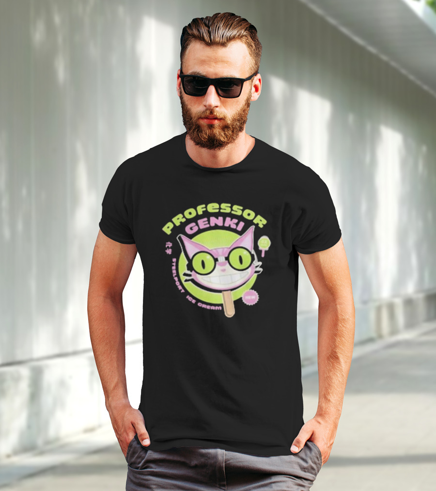 Professor Genki Steelport Ice Cream Cat Neon Green Pink Fun T-Shirt