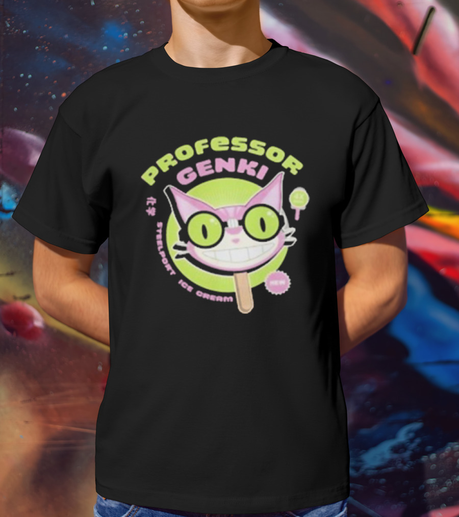 Professor Genki Steelport Ice Cream Cat Neon Green Pink Fun T-Shirt