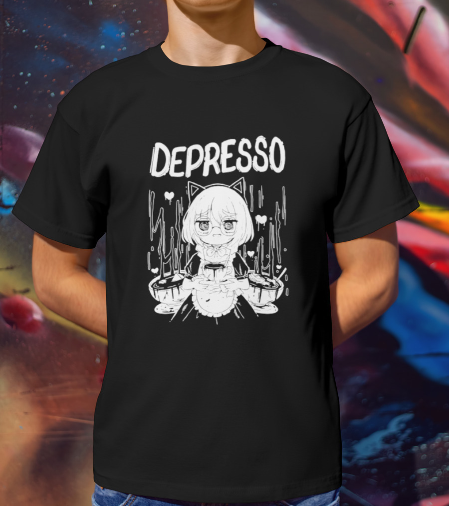 Depresso Cat-Eared Maid With Coffee Cups And Sad Expression T-Shirt