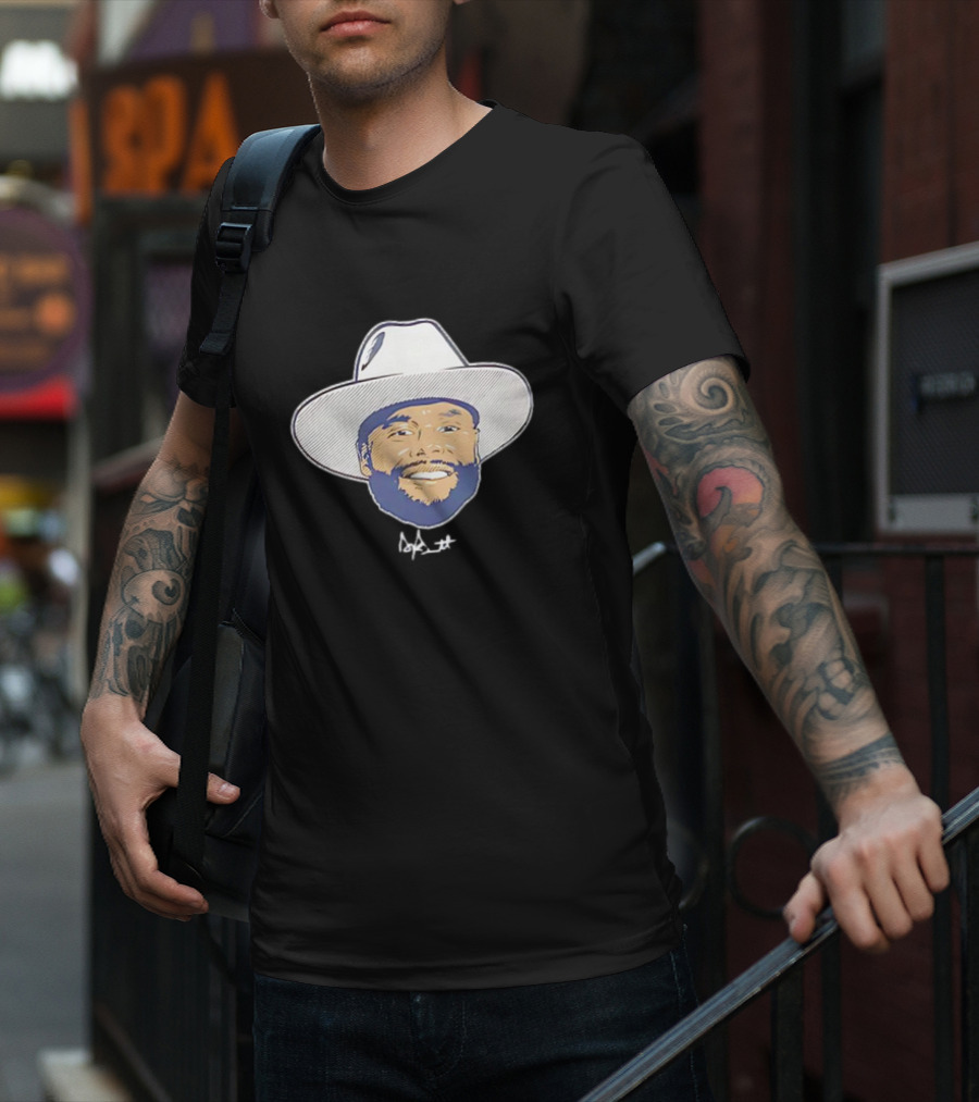 Dak Prescott Dallas Cowboys Big Head Signature Cowboy Hat T-Shirt