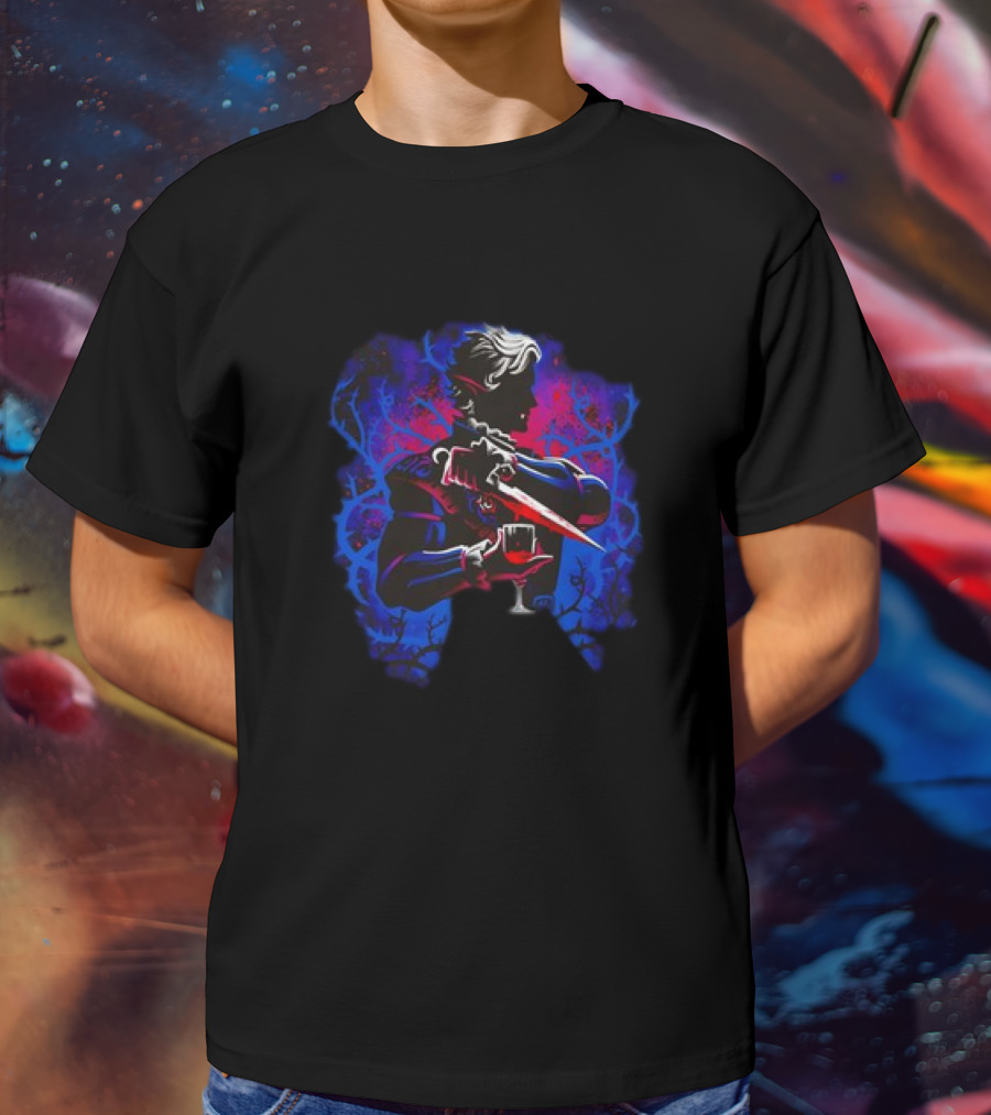 High Elf Vampire Dark Fantasy Silhouette With Dagger And Wine Glass T-Shirt